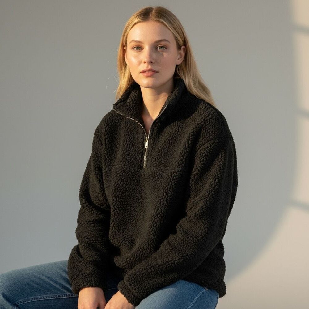 Sincerely Jules Black Fuzzy 3/4 Zip Pullover Sweater NWOT Size M Cozy Soft